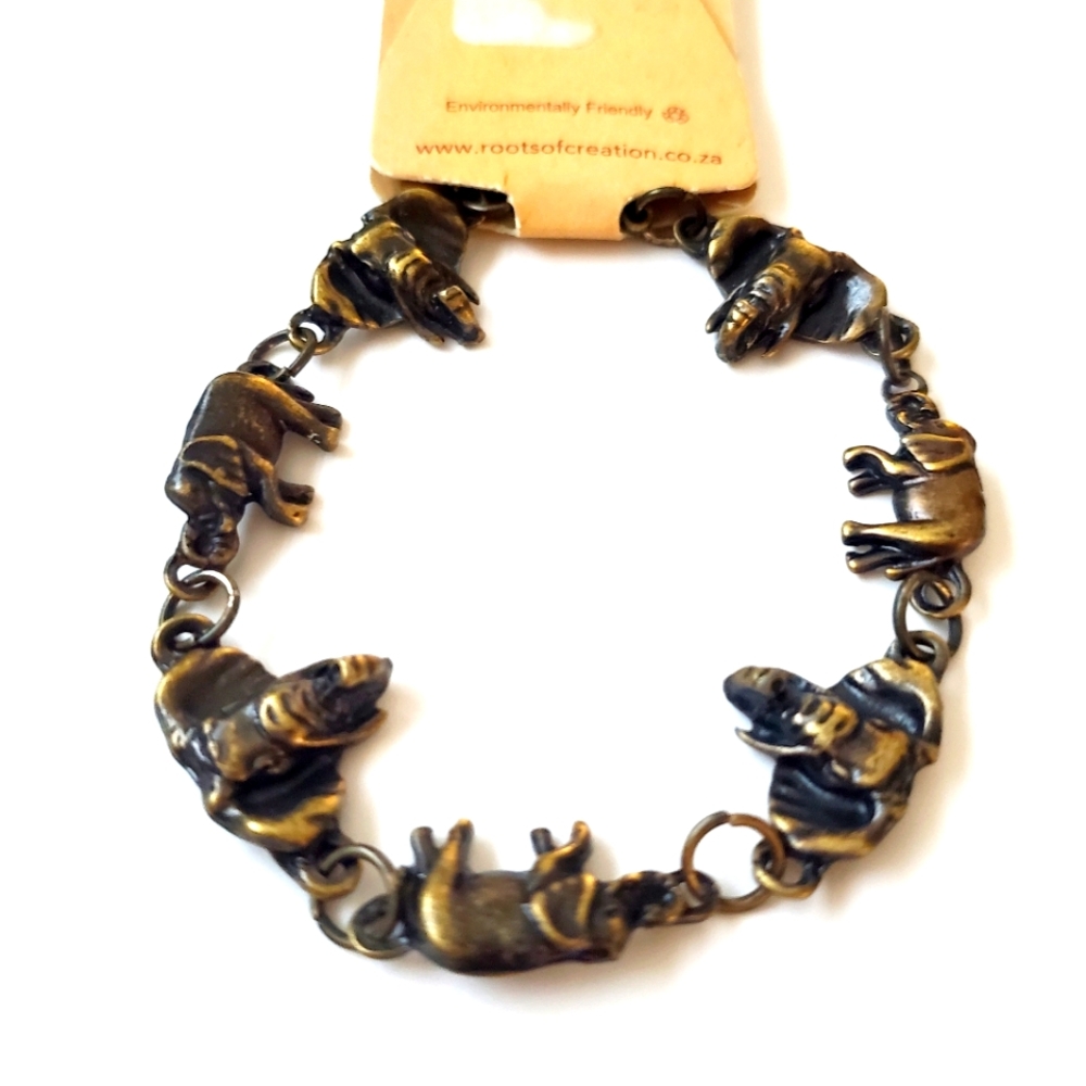 Antiqued Bronze Metal Trunk Up Lucky Elephant Link Bracelet Unisex Boho 7"